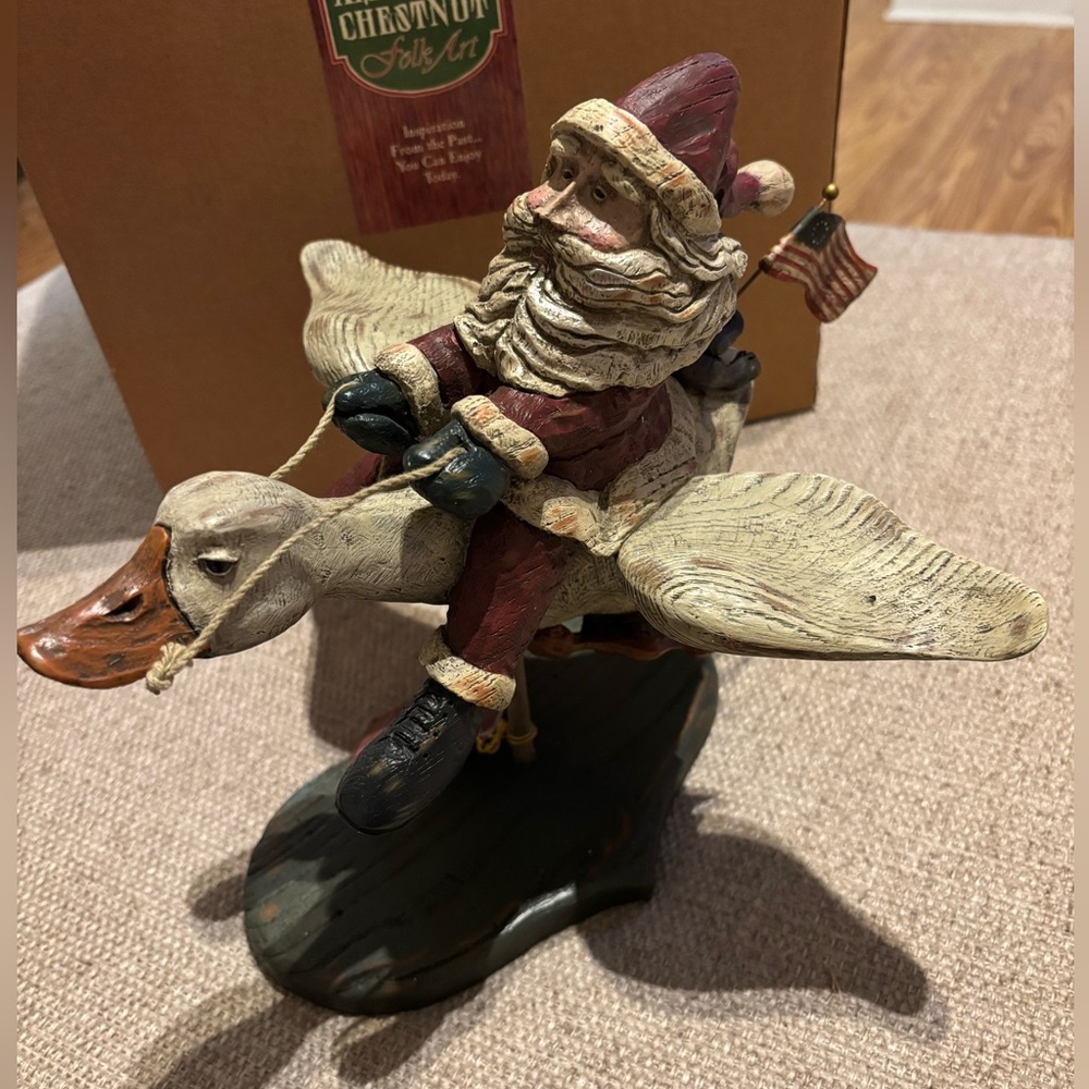 American Chestnut FolkArt AM1206 Flight in the Starry Night Santa & Bear R/Goose